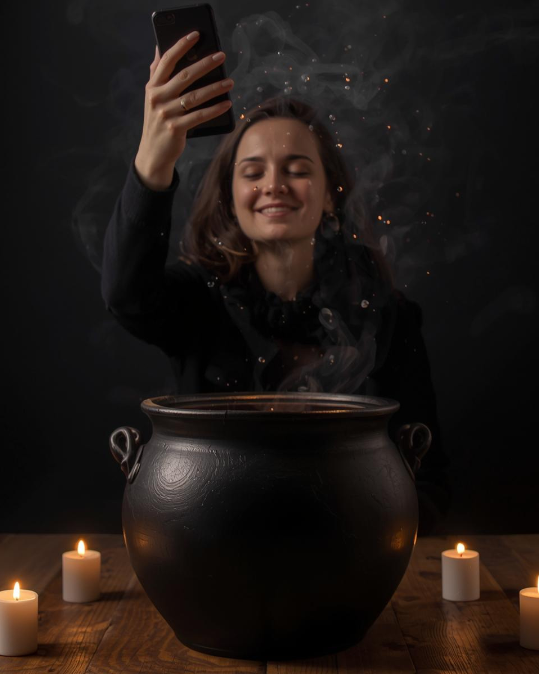 Woman takes selfie above a bubbling cauldron. Smoke and sparks rise, surrounded by candles on a wooden table.