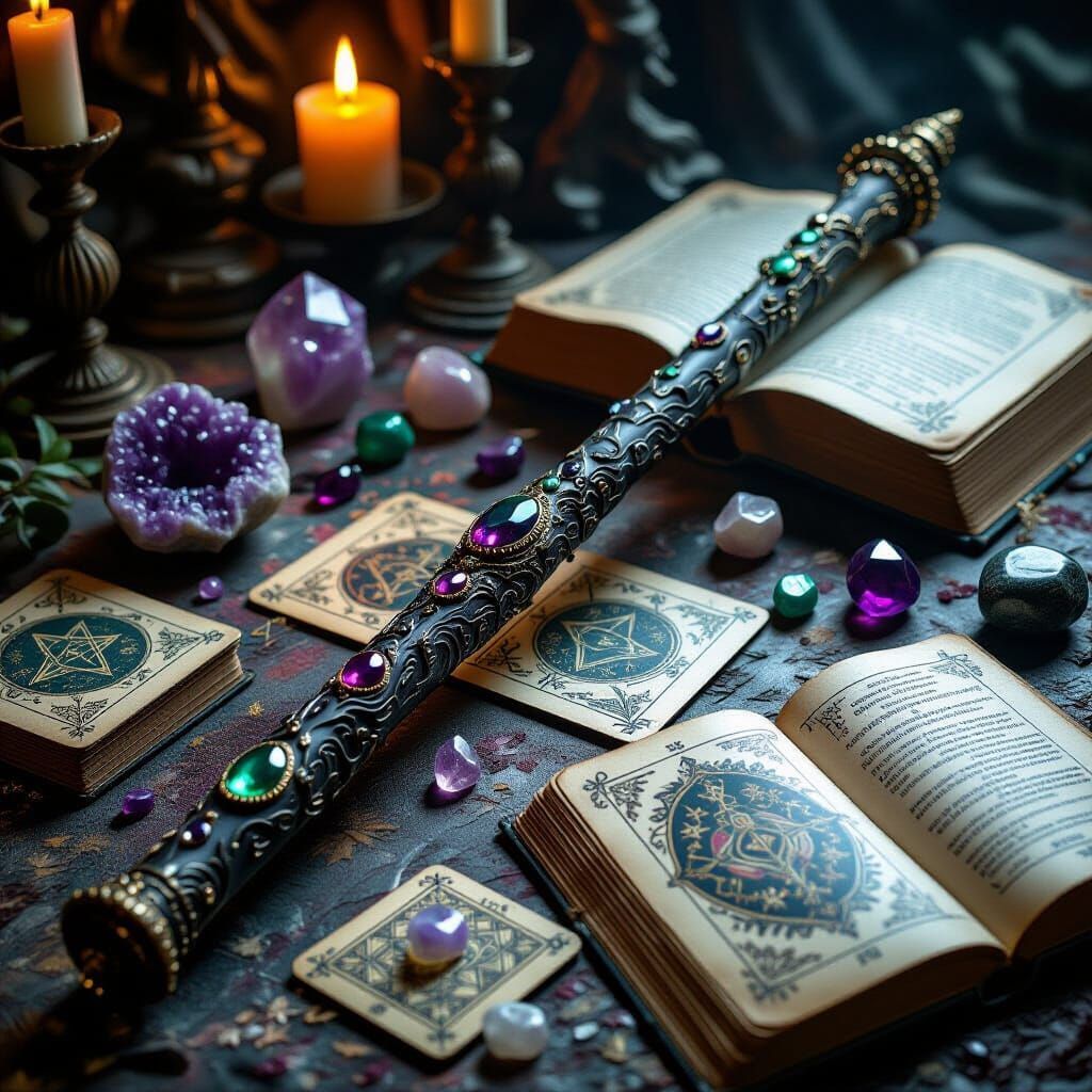 A wand is sitting on a table next to a book and candles.