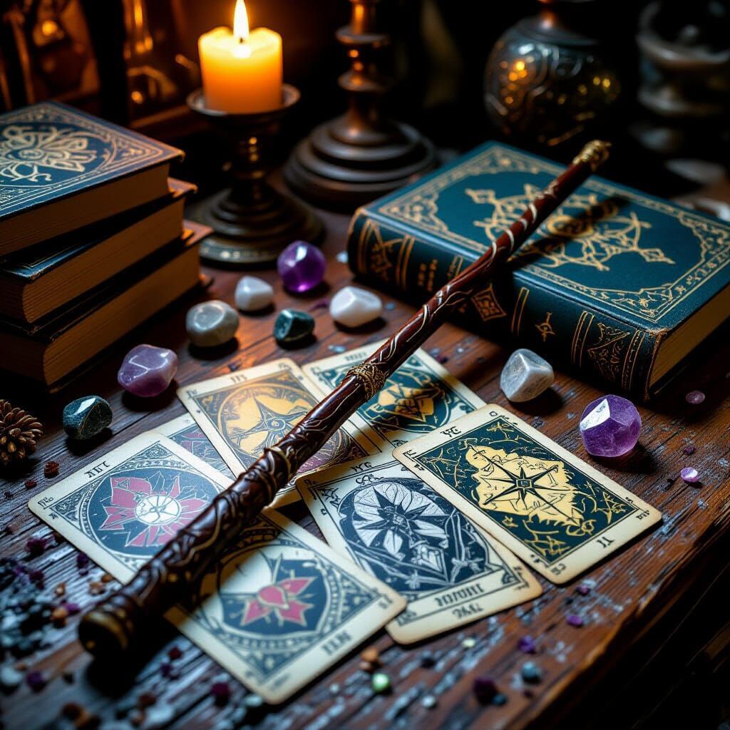 A wooden table topped with tarot cards , books , and a candle.