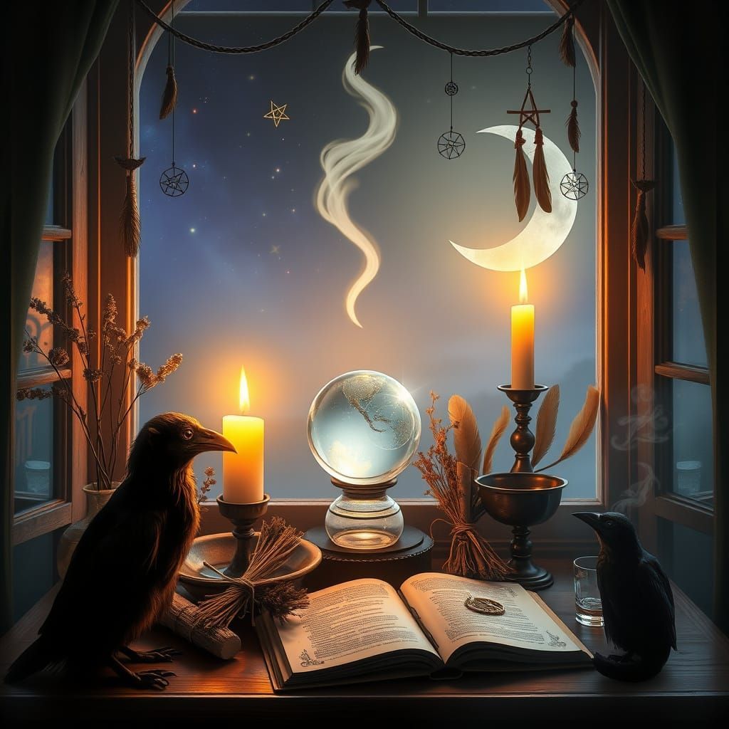 A crow sits on a window sill with candles and a crystal ball