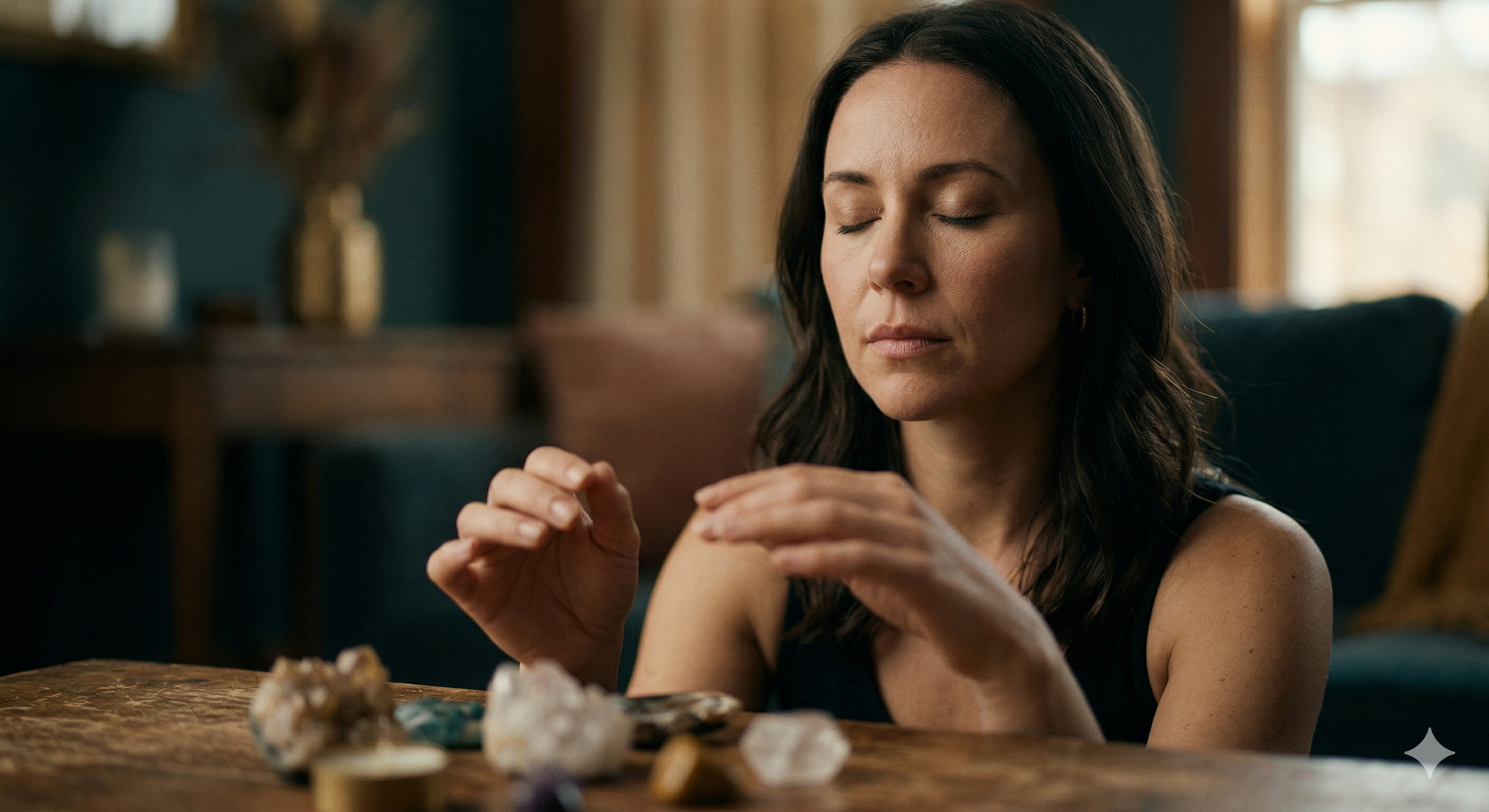 Woman carefully examining small objects on a table in a softly lit room