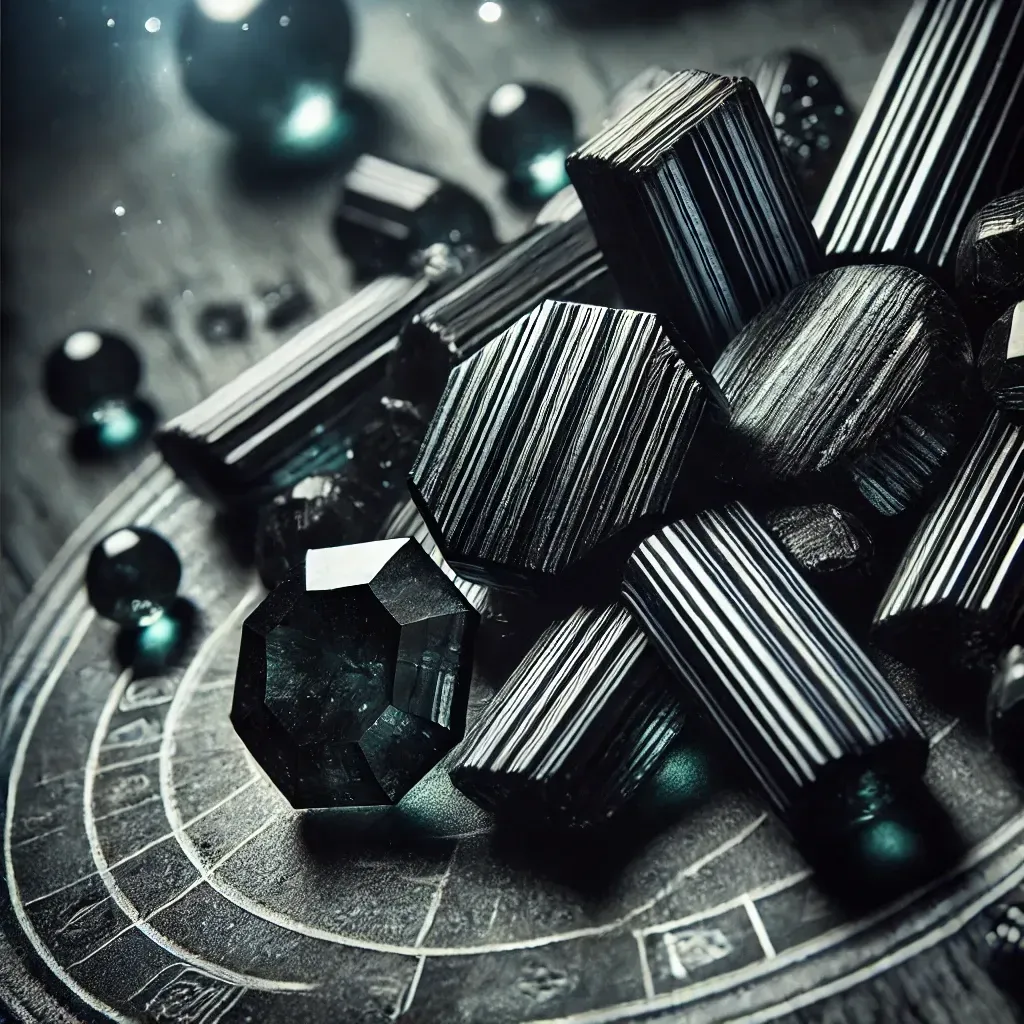 Abstract 3D metallic rods and geometric shapes on a dark circular surface Black Tourmaline