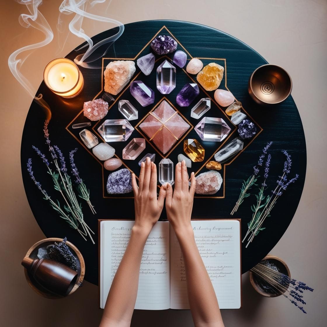 Hands arranging crystal grid on dark table with candles, notebook, lavender, and a bowl.