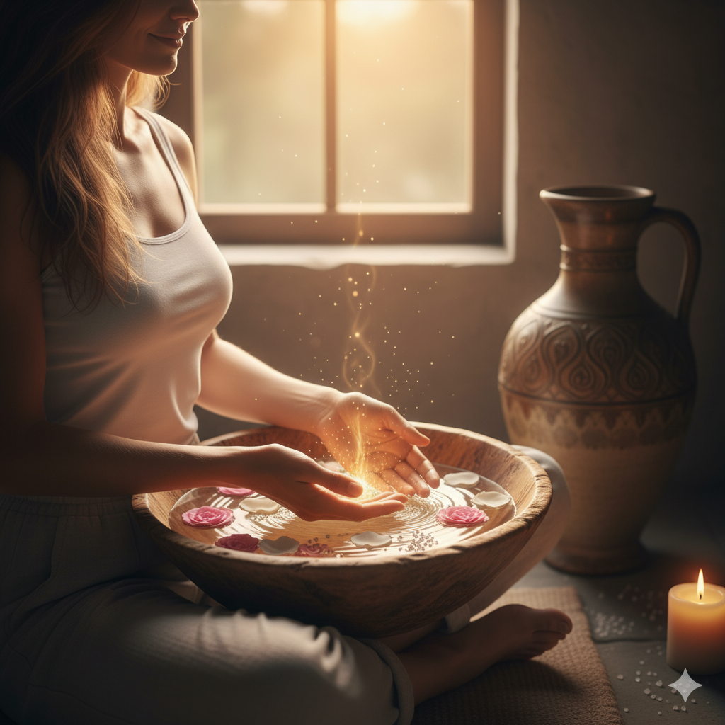 Woman washing hands in a wooden bowl with flowers, glowing light. Window and candle in background.