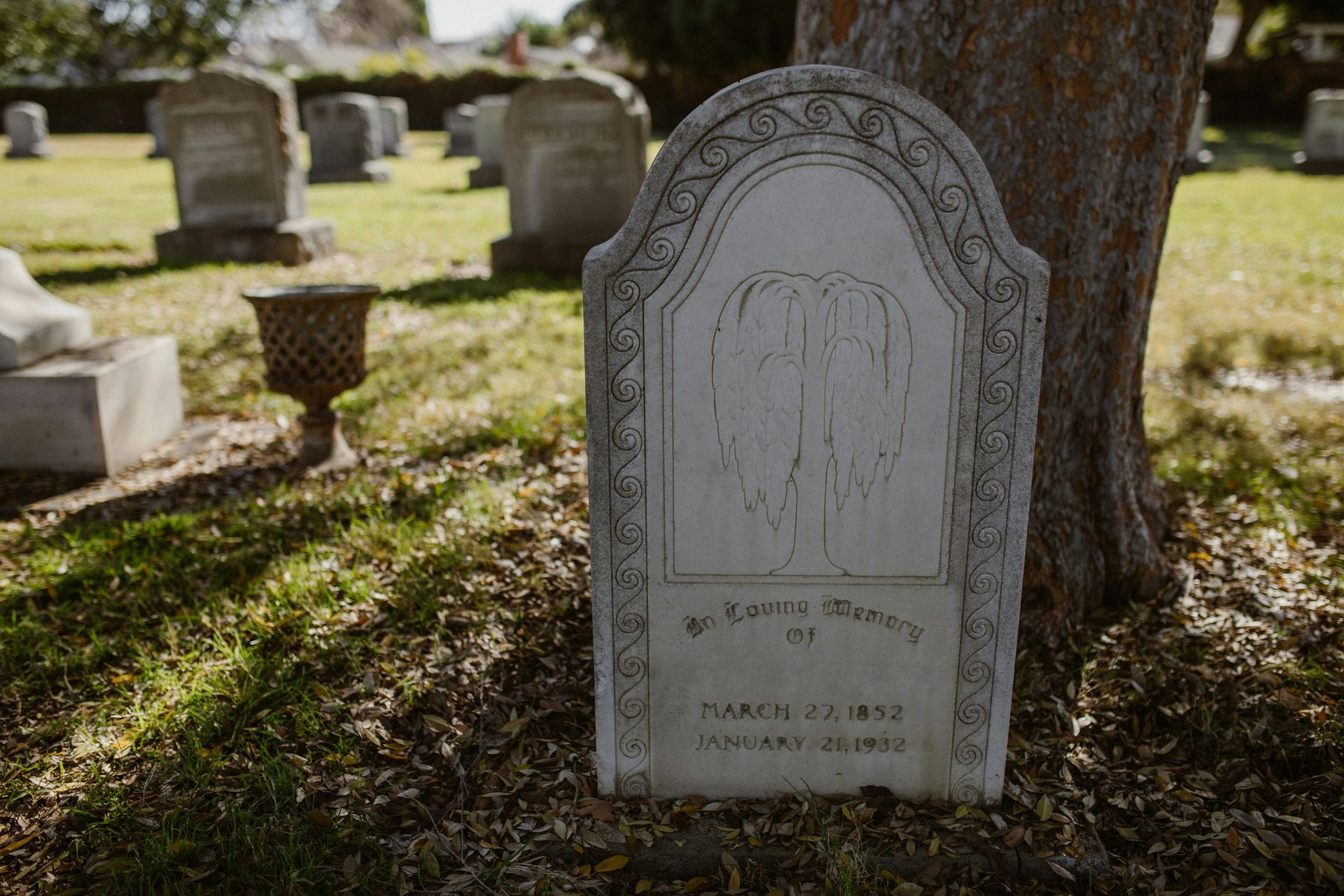 A gravestone in a cemetery with a tree in the background.