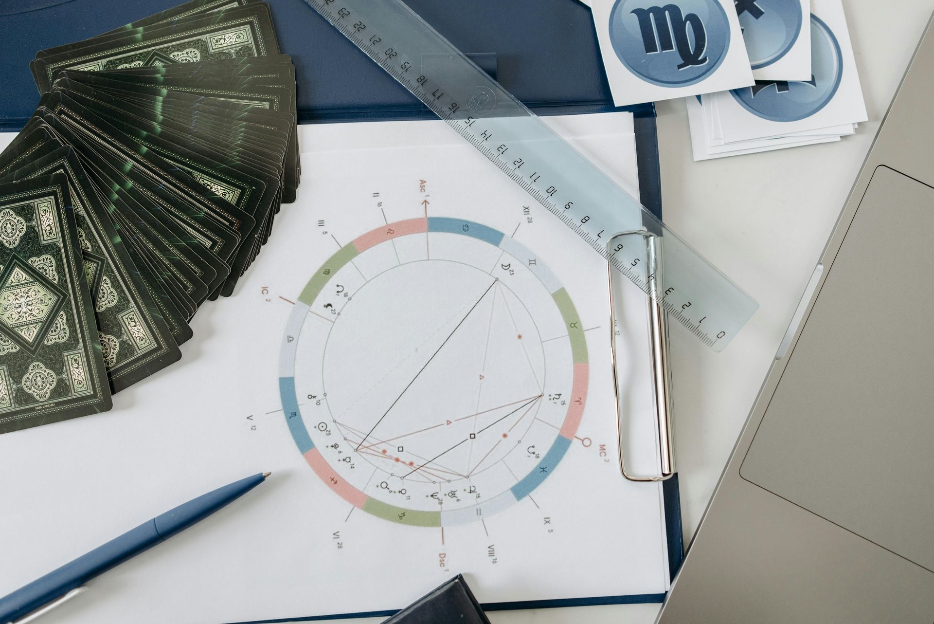 A zodiac chart is on a clipboard next to tarot cards and a ruler.