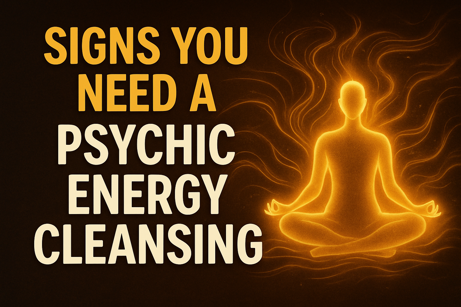 Orange text reading “Signs You Need a Psychic Energy Cleansing” beside a glowing meditating figure