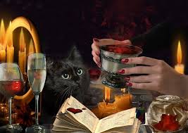 A black cat watches as hands hold a dark goblet over an open book amidst candles and glassware on a dim table.