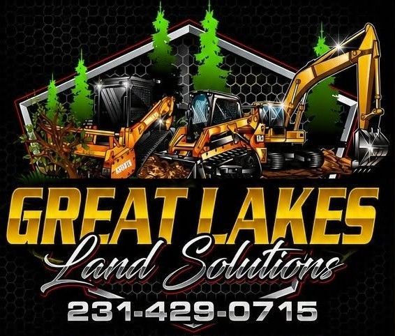 Great Lakes Land Solutions logo with excavators, trees, and phone number 231-429-0715