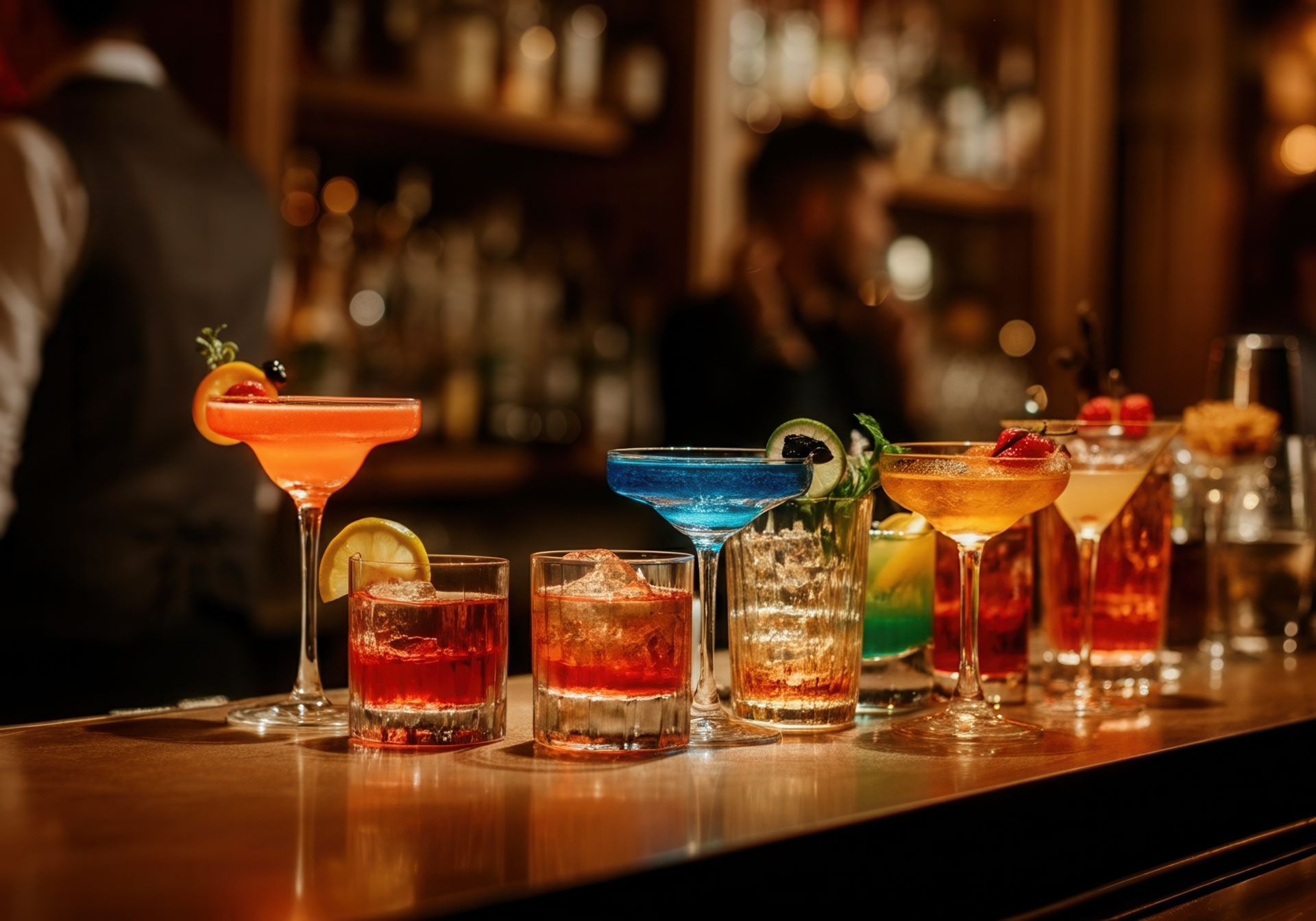 There are many different types of cocktails on the bar.
