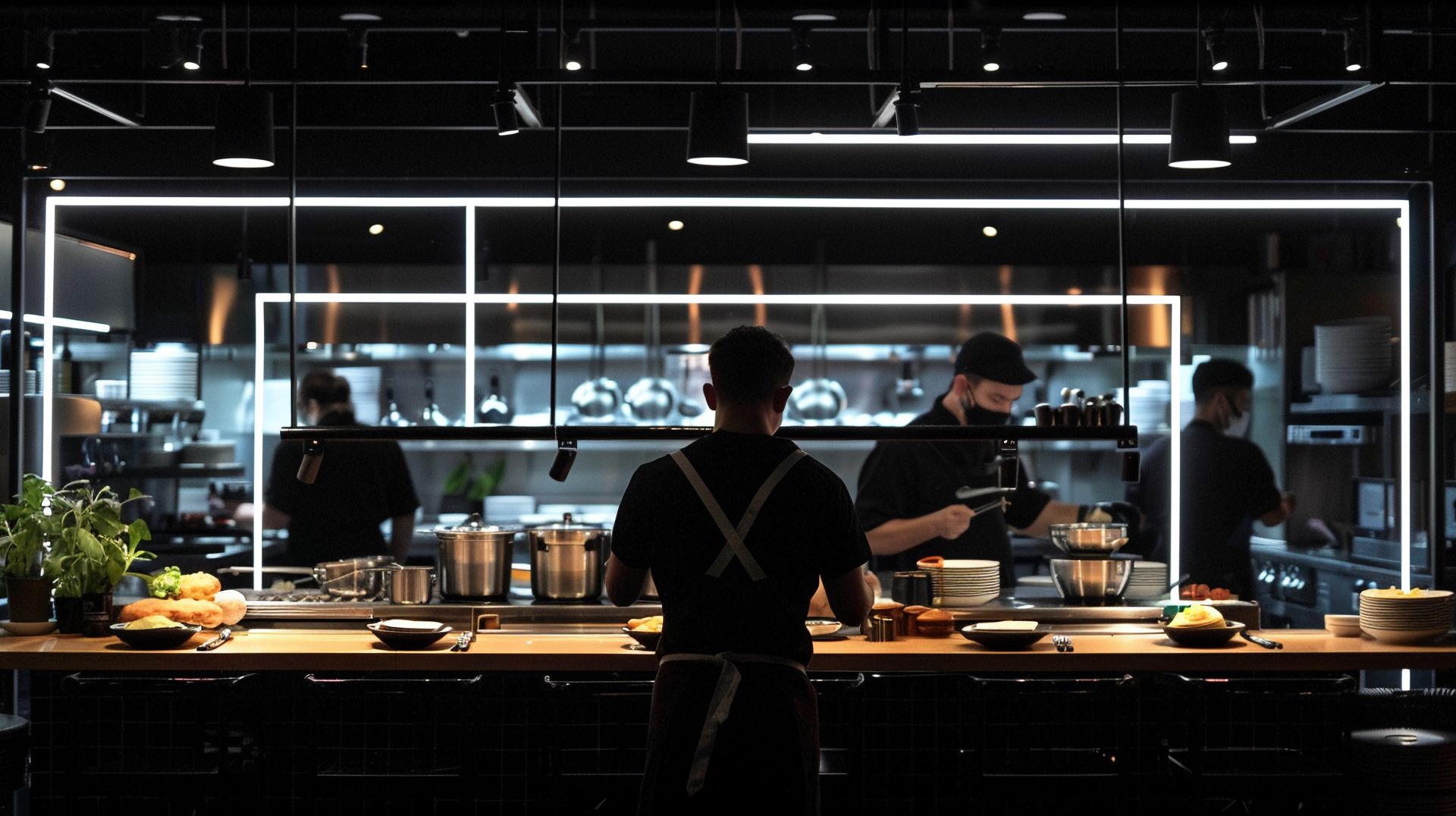 A man in an apron is standing in a restaurant kitchen.