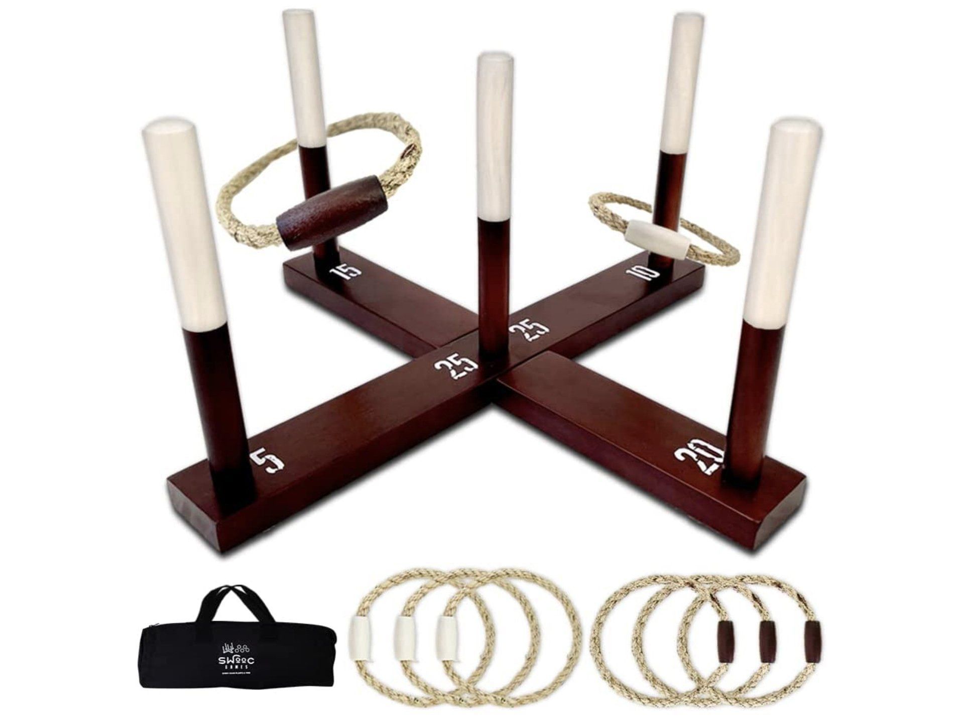 Wooden ring toss game with six pegs, rings, and carrying bag.
