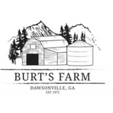 Burt's Farm logo: barn, silo, mountains, trees, Dawsonville, GA. Black and white illustration.