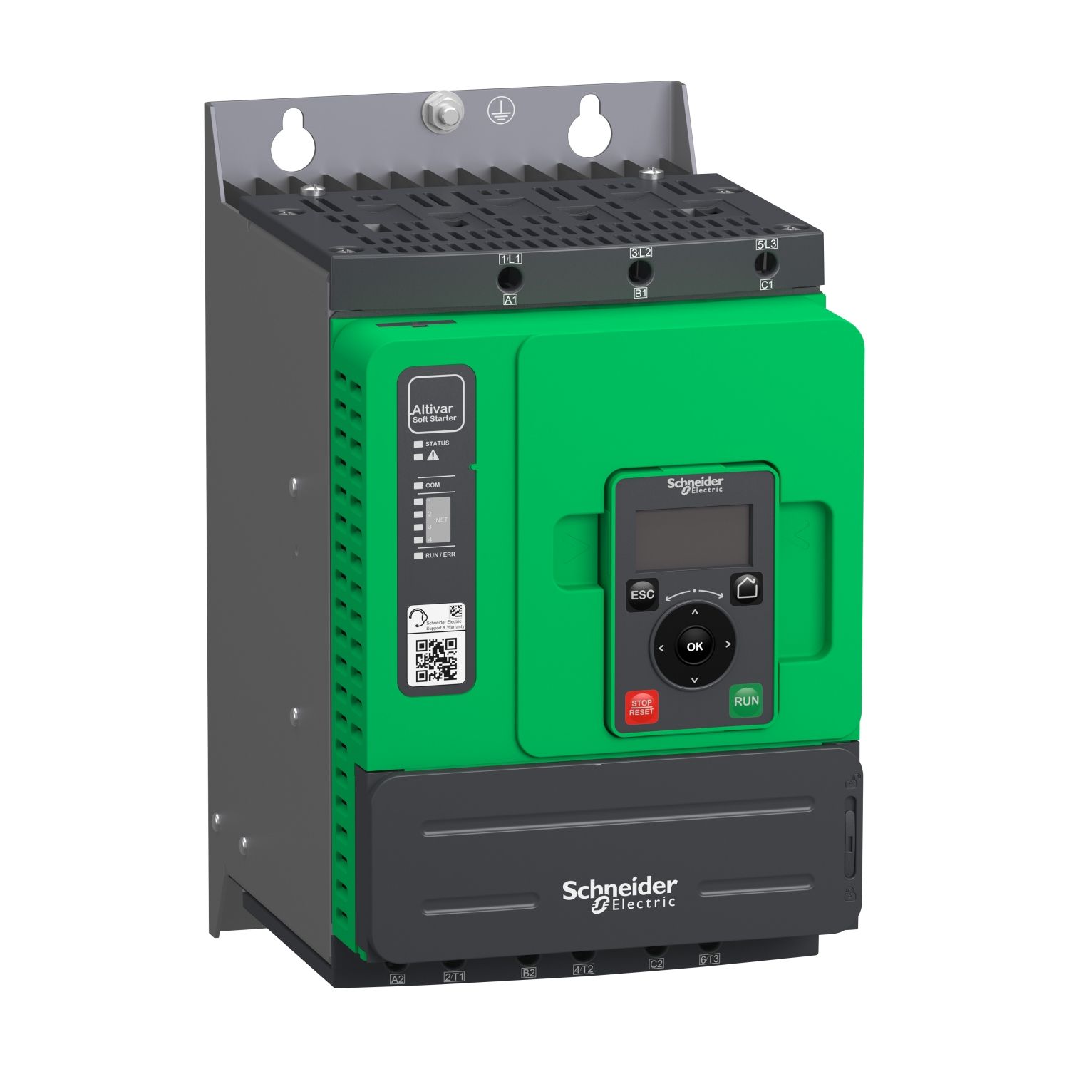 Un inversor Schneider Electric verde y negro sobre un fondo blanco.