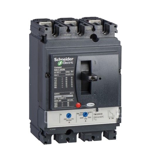 Un disyuntor Schneider Electric negro sobre un fondo blanco