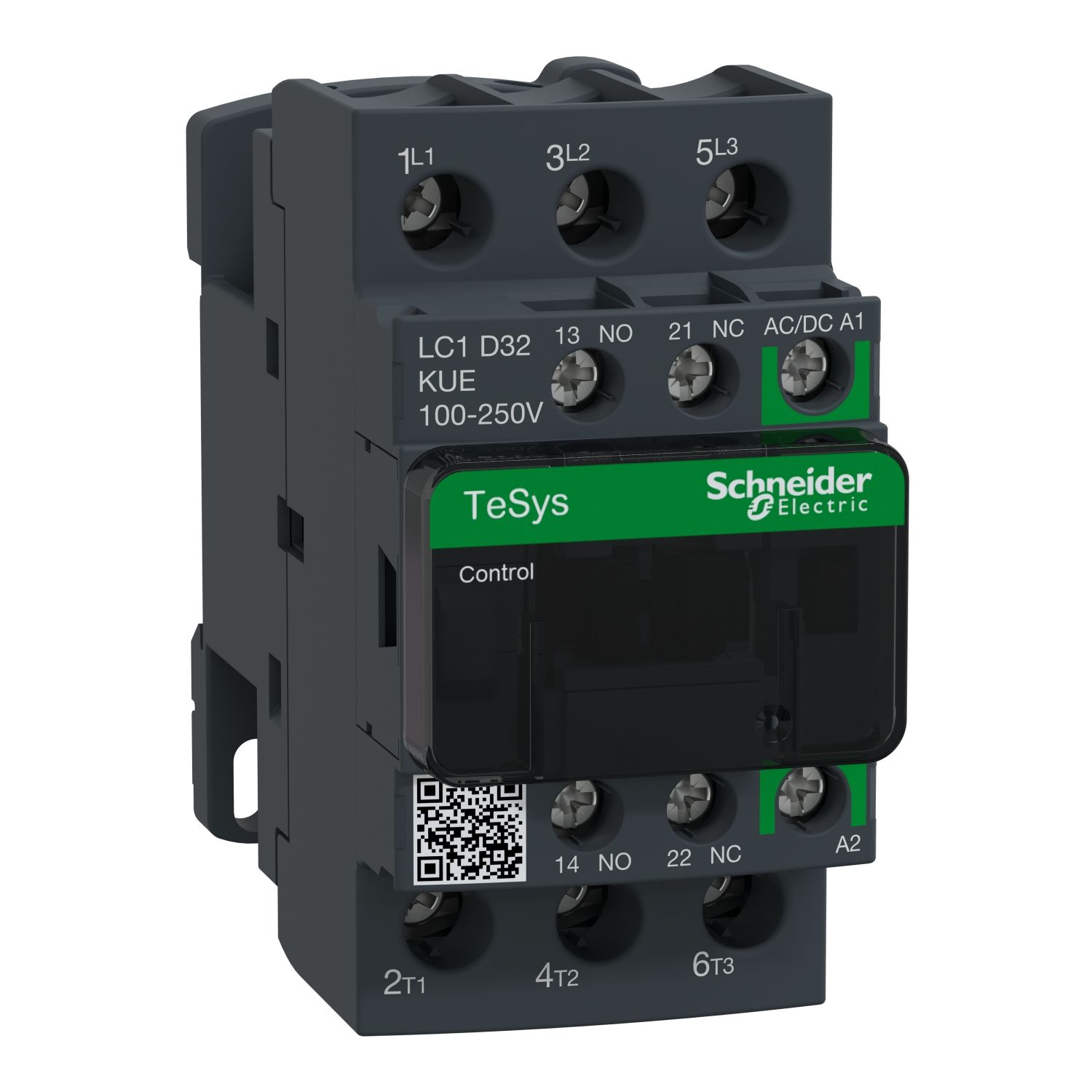 Se muestra un contactor Schneider Electric sobre un fondo blanco.