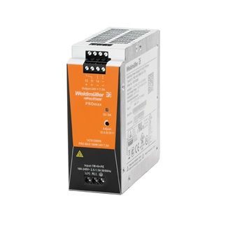 Fuente de alimentación con panel frontal de color naranja y bloque de terminales.