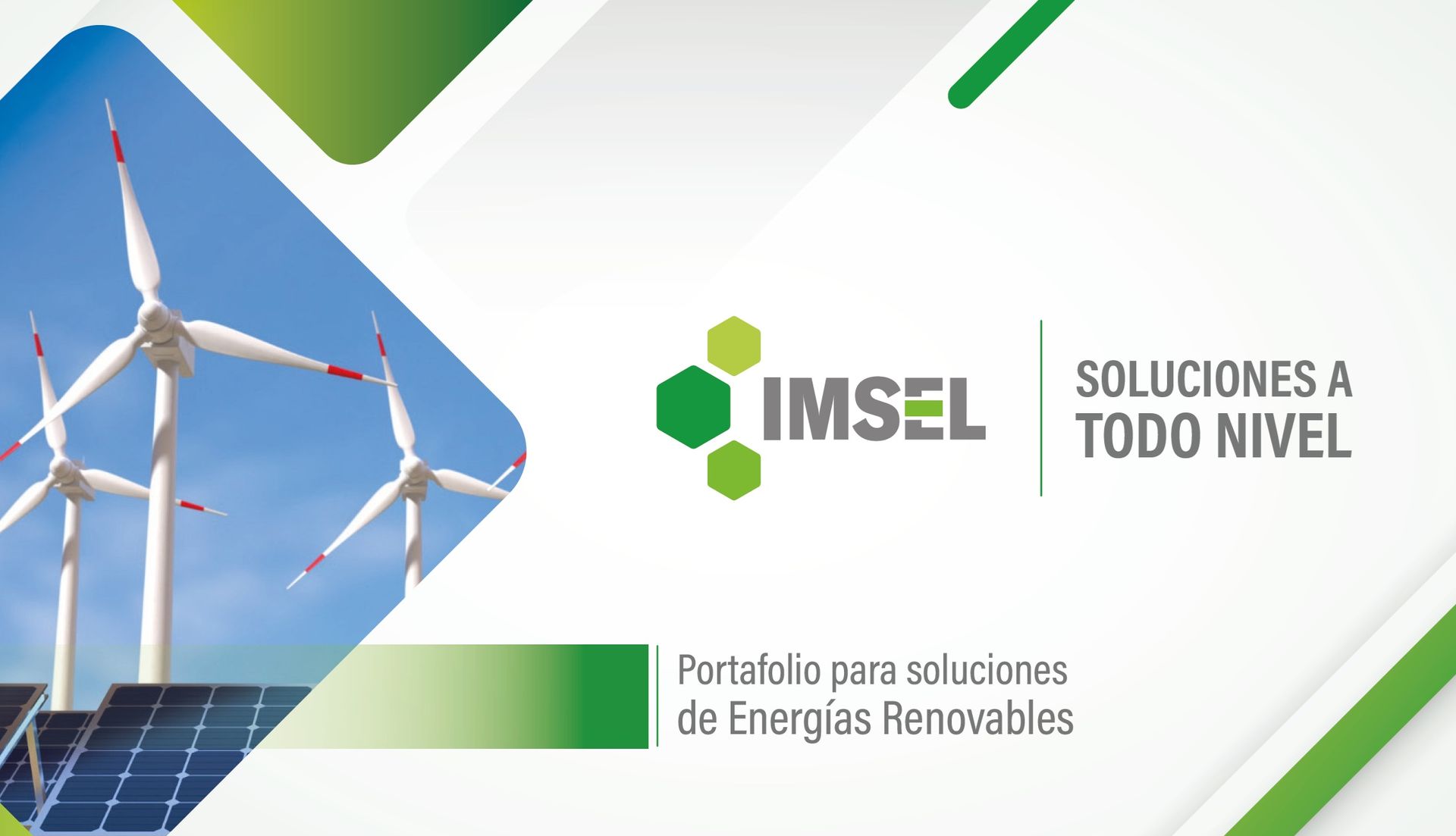 Aerogeneradores y paneles solares con el logotipo de IMSEL y “Soluciones a todo nivel”.
