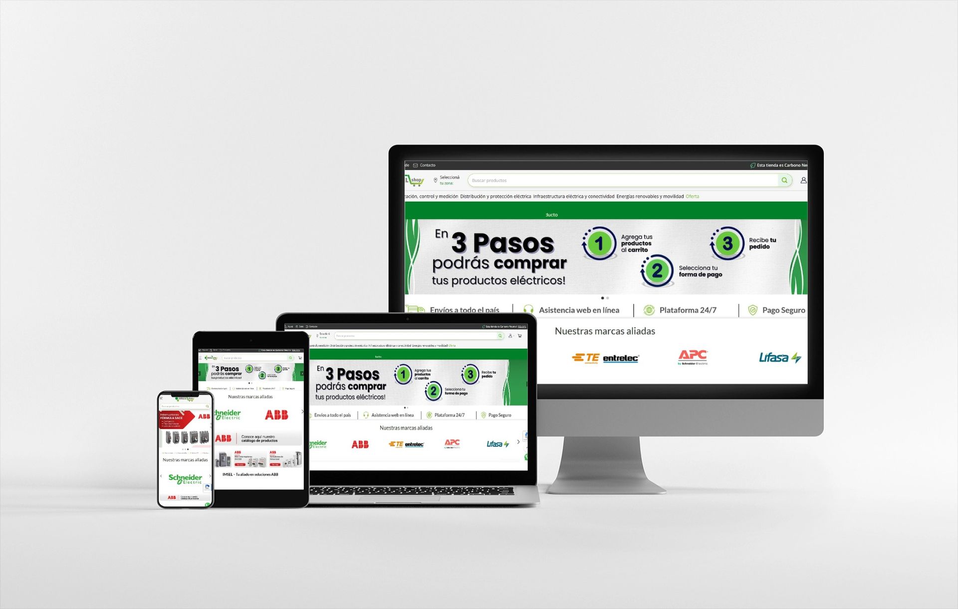 Four screens displaying a website; phone, tablet, laptop, and desktop computer, all white background.