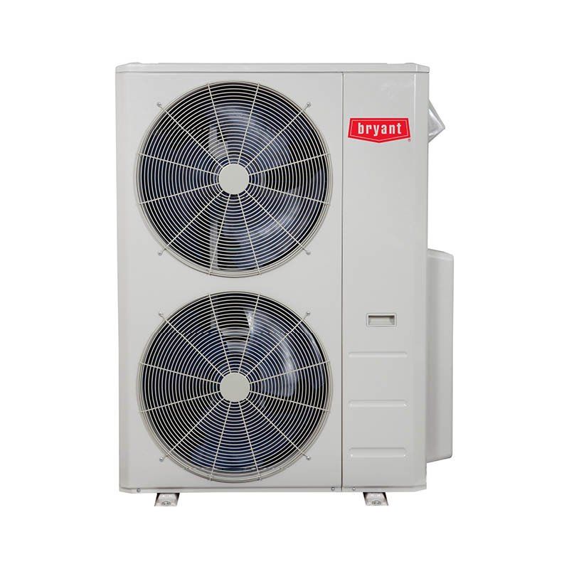 A white bryant air conditioner with two fans on a white background