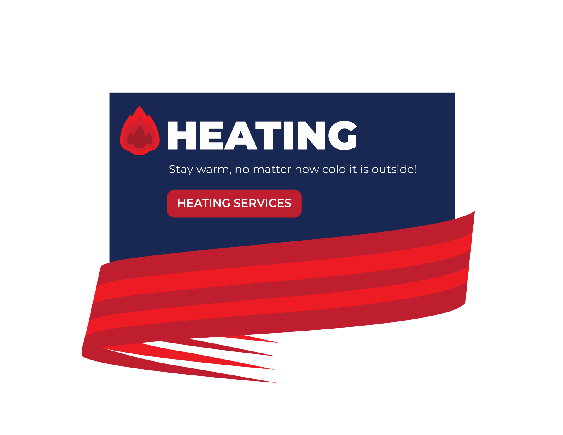 A logo for a heating company with a red ribbon and a red flame.