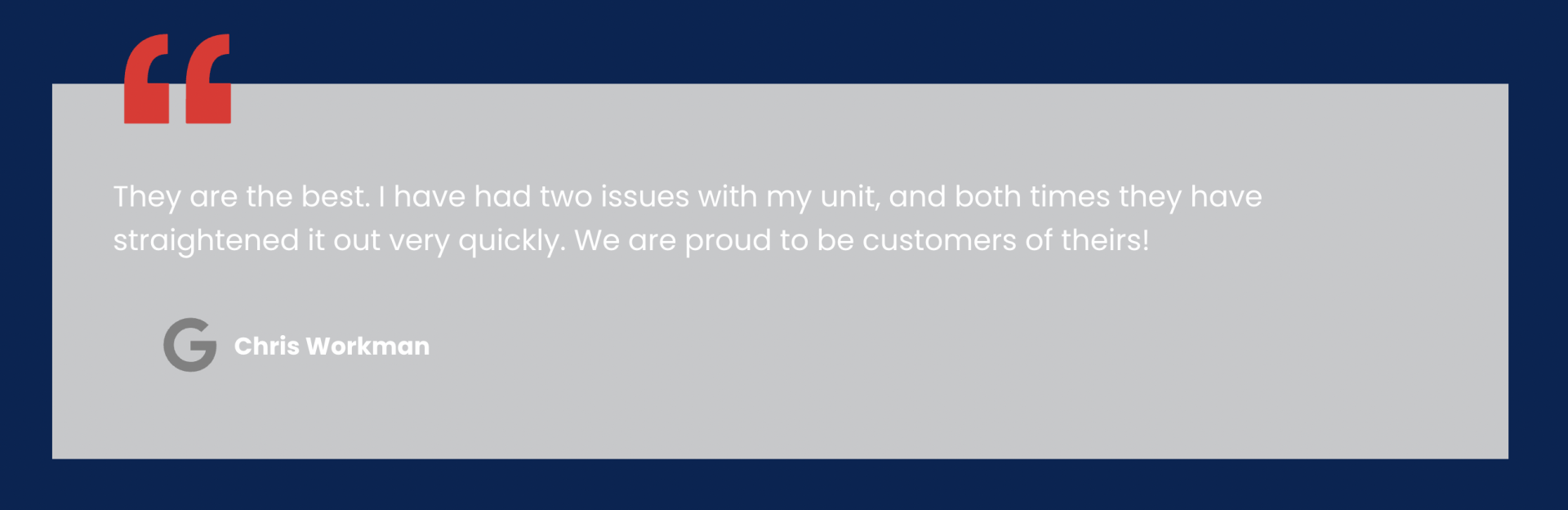 A quote from a customer is displayed on a blue background.