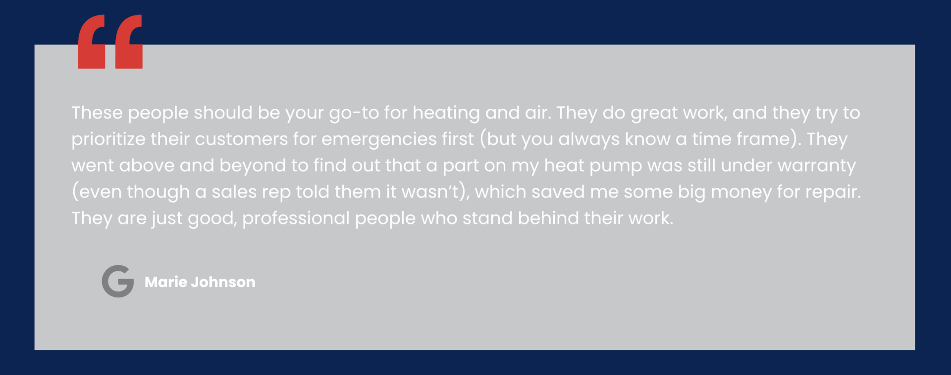 A quote from a google review on a blue background.