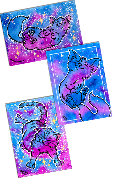 A selection of Jenivieve Design's Galaxy Cat ACEOs, from Series 1. A selection of Jenivieve Design's Galaxy Cat ACEOs, from Series 1.