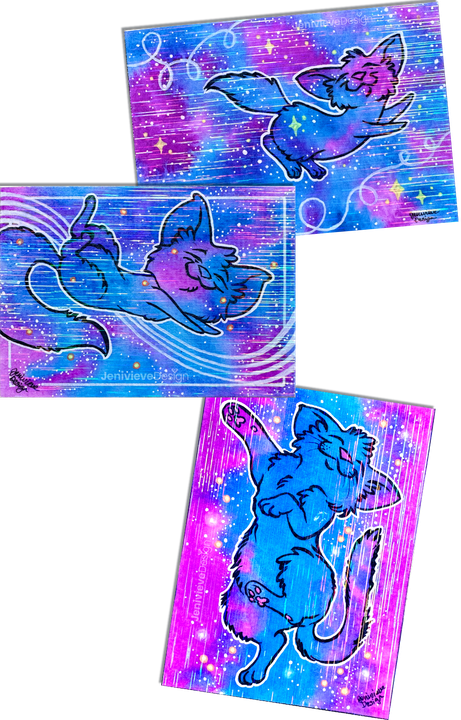 A selection of Jenivieve Design's Galaxy Cat ACEOs, from Series 1. A selection of Jenivieve Design's Galaxy Cat ACEOs, from Series 1.