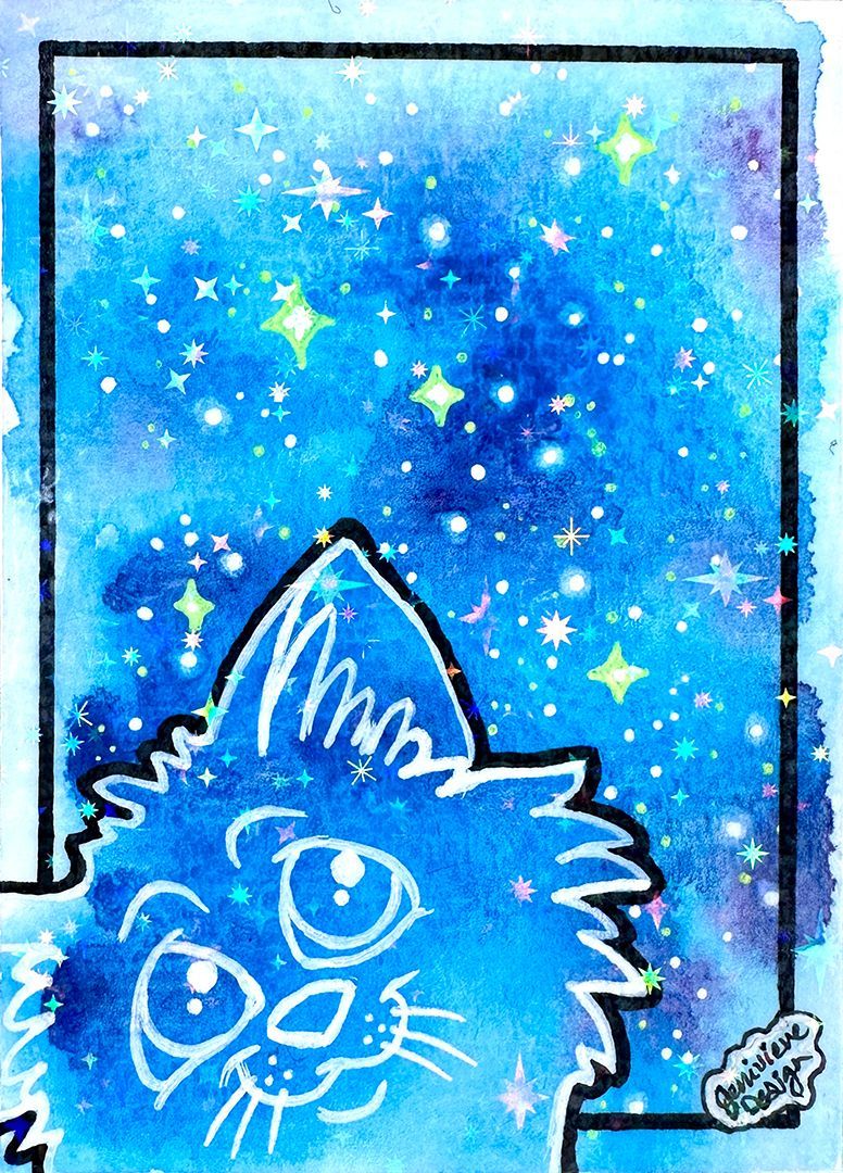 One of Jenivieve Design's original Series 1 Galaxy Cat ACEOs. A space cat floats lazily through the watercolor stars.