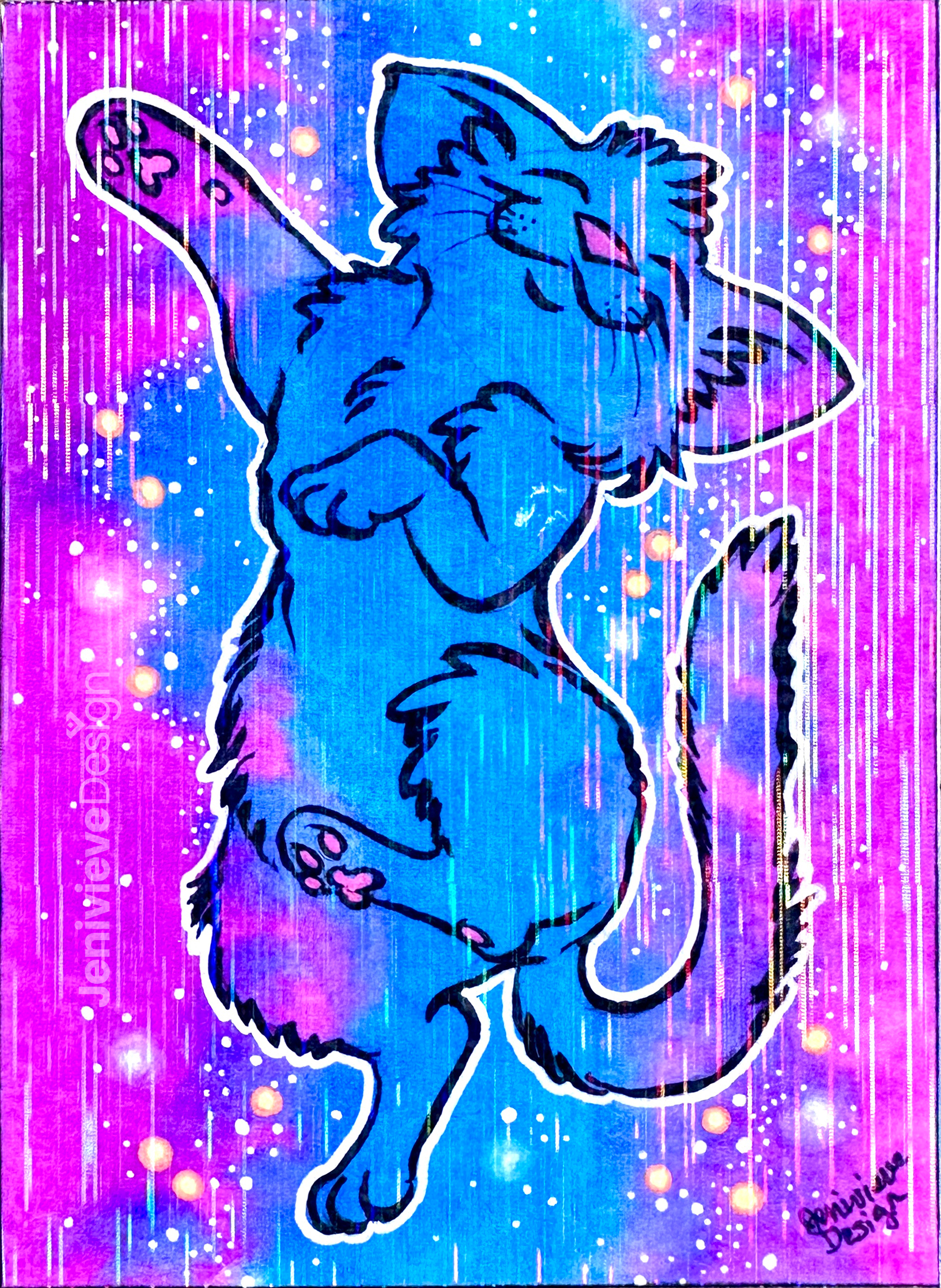 One of Jenivieve Design's original Series 1 Galaxy Cat ACEOs. A space cat floats lazily through the watercolor stars.