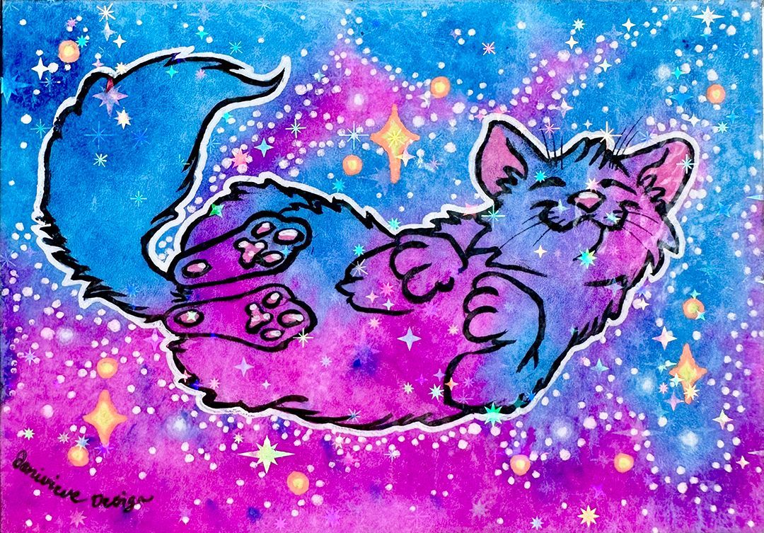 One of Jenivieve Design's original Series 1 Galaxy Cat ACEOs. A space cat floats lazily through the watercolor stars.