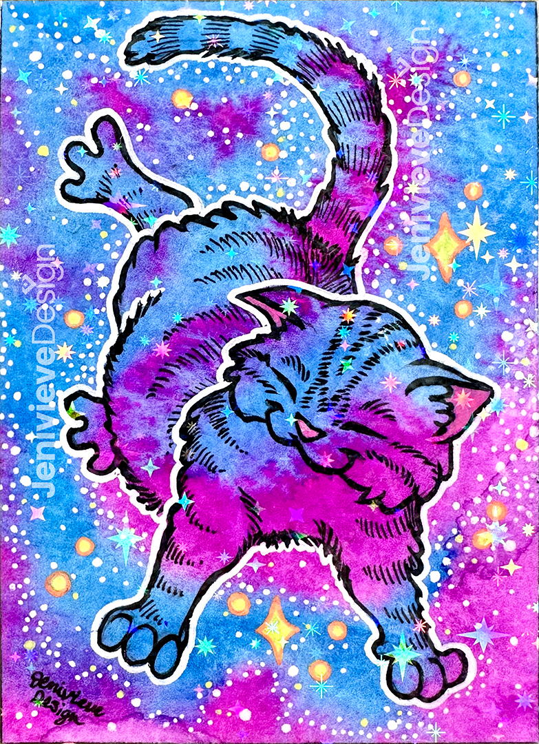 One of Jenivieve Design's original Series 1 Galaxy Cat ACEOs. A space cat floats lazily through the watercolor stars.