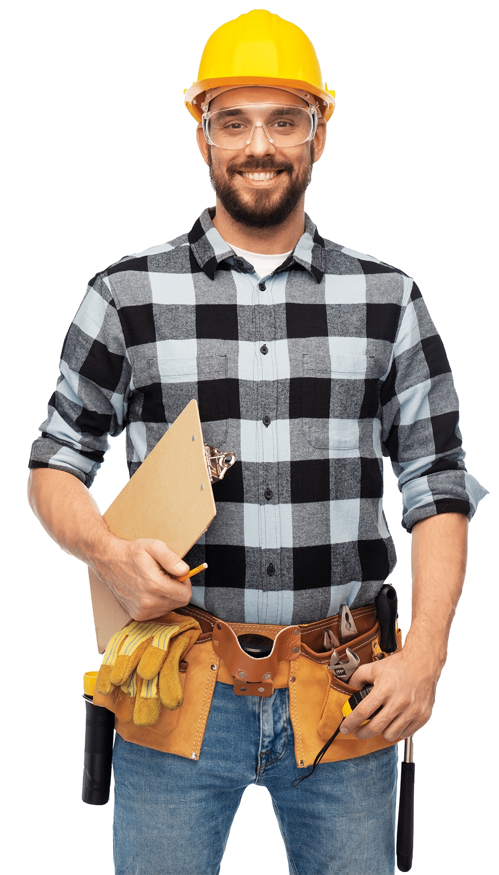 A man wearing a hard hat and safety glasses is holding a clipboard.
