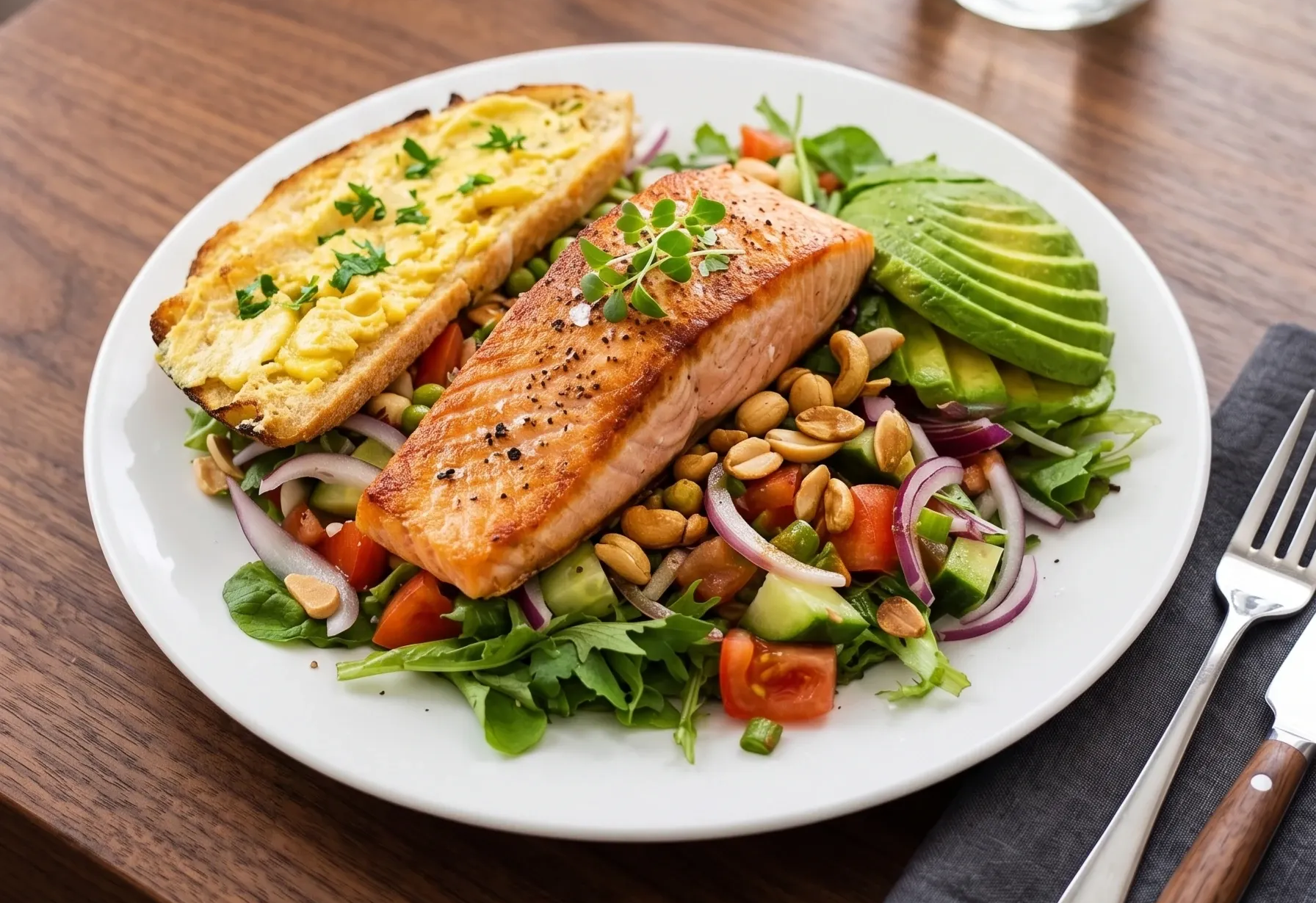 Pan-seared salmon fillet served over a fresh garden salad with sliced avocado, roasted nuts, and toasted herb bread at a local Cairns cafe table.