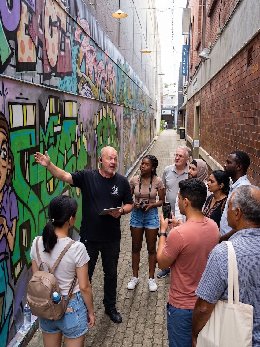 Cairns Urban Walking Tours guide holding a tablet and gesturing toward vibrant laneway graffiti murals while speaking to a diverse group of travelers on a city street art tour.