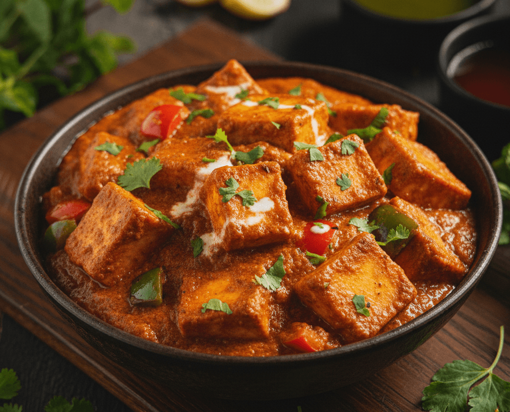 Gluten-free Indian paneer curry garnished with cream, fresh coriander, and bell peppers in a rich spiced gravy at Bombay Kitchen in Cairns.