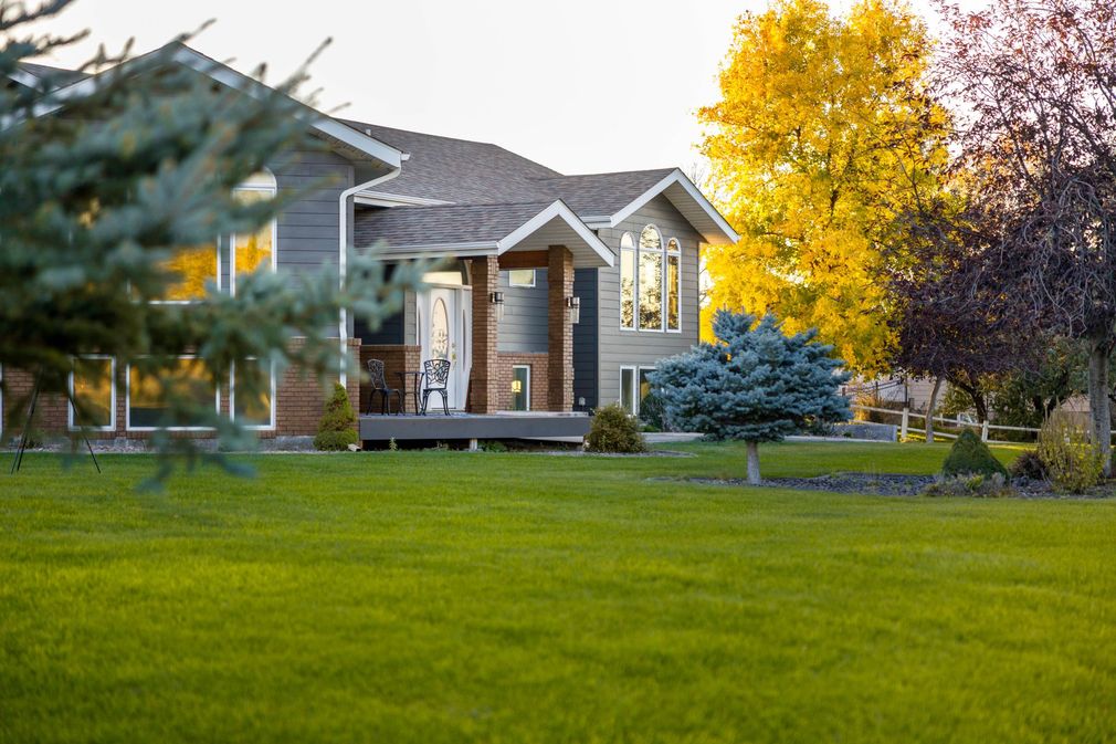 Suburban homes with a green lawn, stone accents, and a light concrete driveway under a clear sky