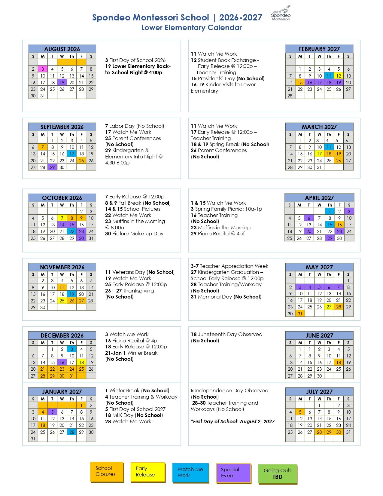2026 - 2027 Lower Elementary School Calendar