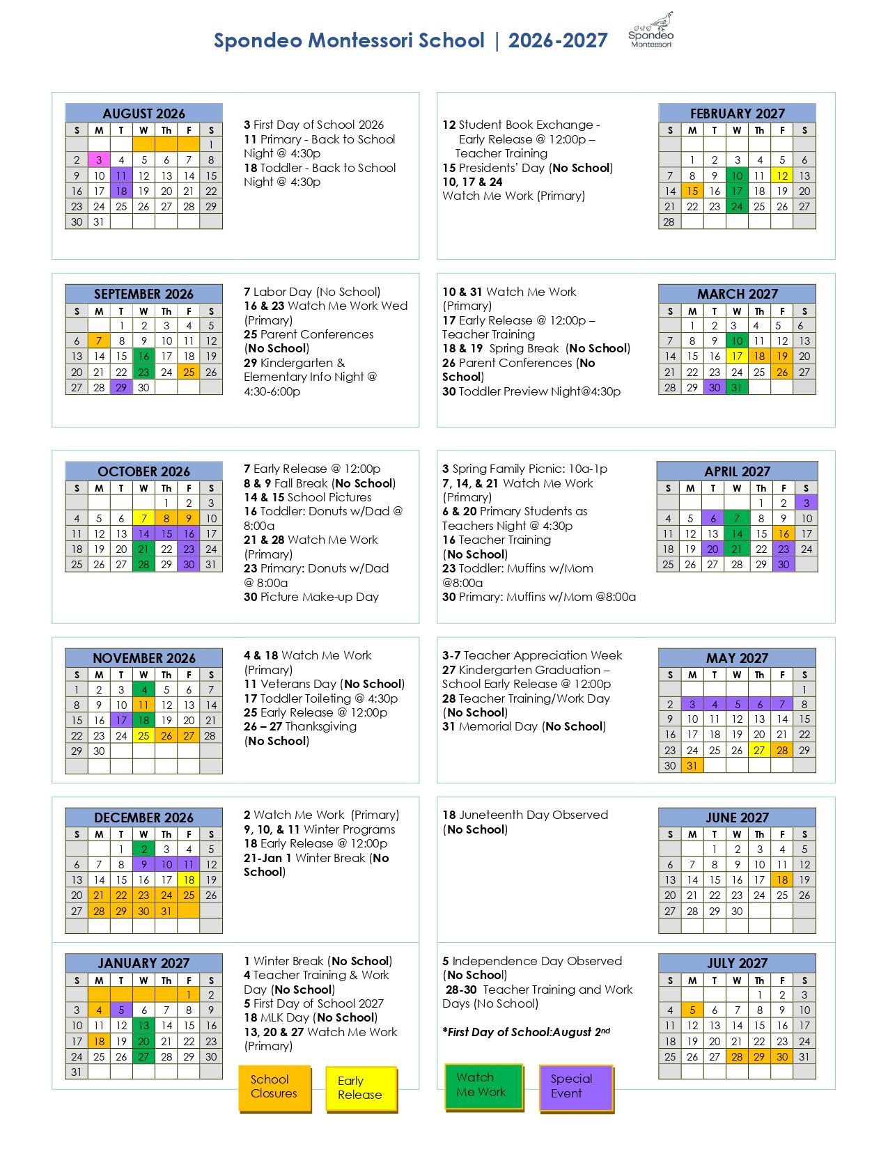 2026 - 2027 School Calendar
