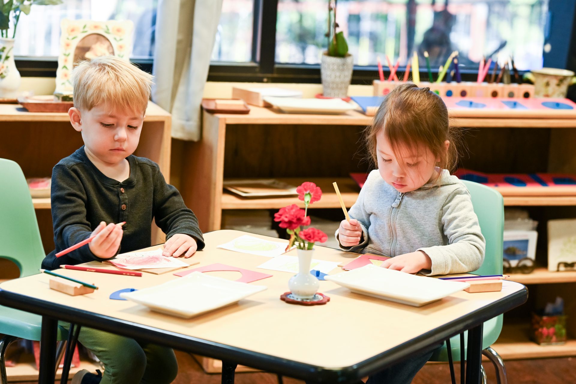 Montessori students working in the classroom