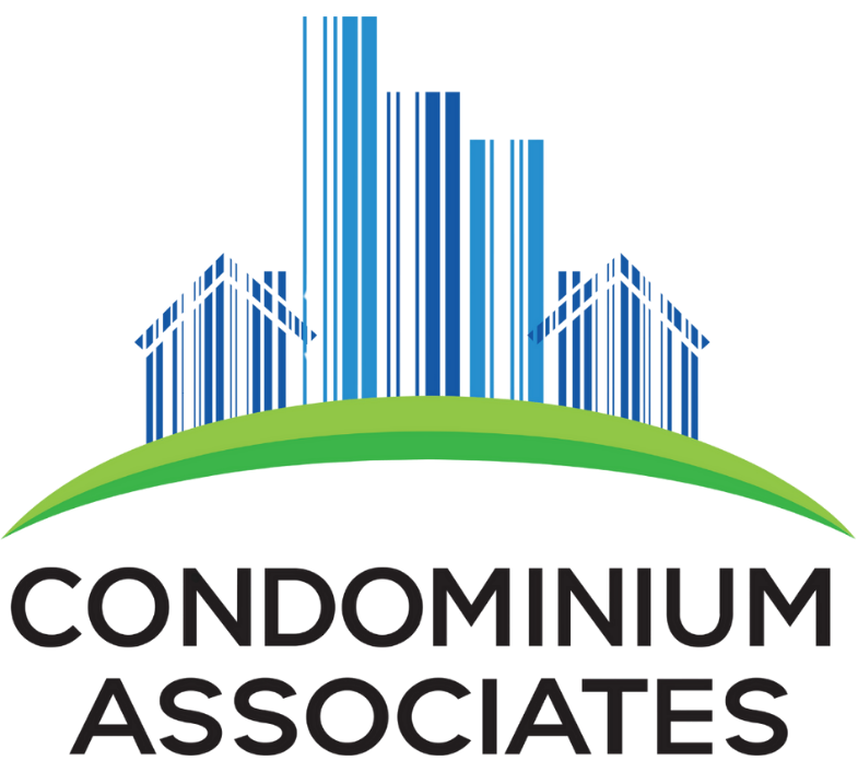 Logo for Condominium Associates featuring a skyline of buildings with barcode-like lines in blue, over a green arch, with company name below.