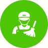 A silhouette of a man holding a mop in a green circle.