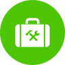 A green circle with a white briefcase with a wrench on it.