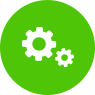 A green circle with two white gears inside of it.