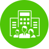 A group of people standing in front of a building in a green circle.