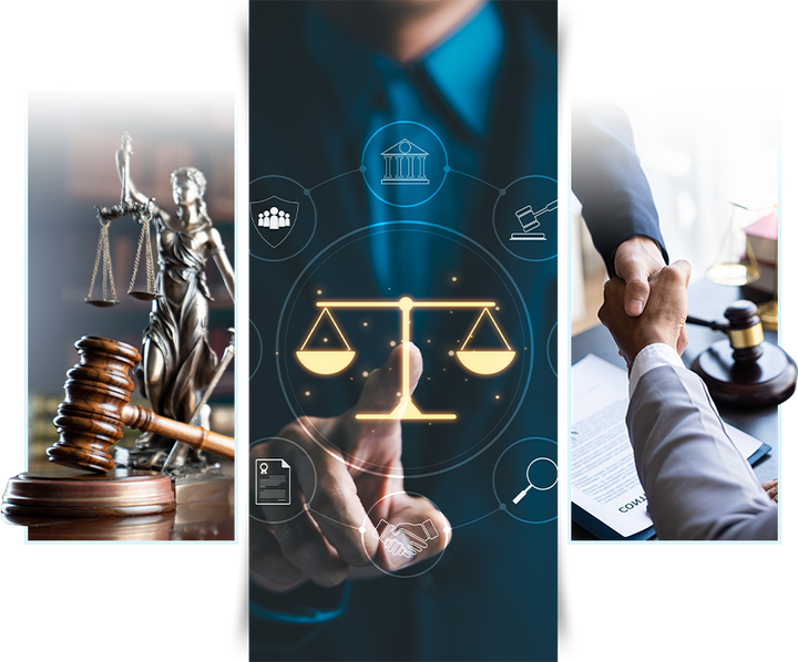 Triptych of legal concepts: Lady Justice, digital scales, and a handshake over legal documents.