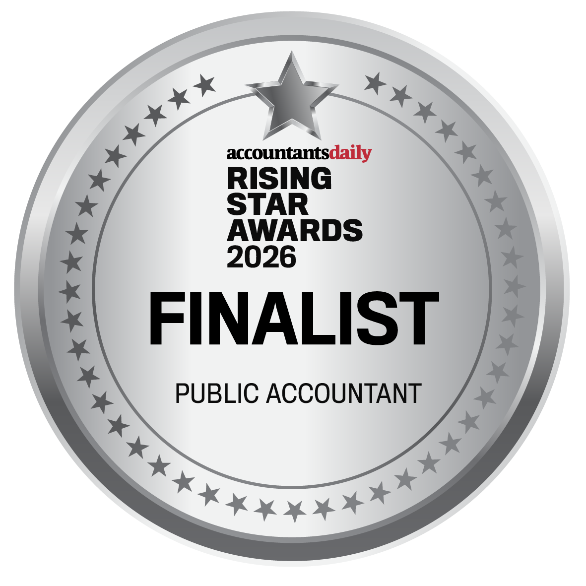 Silver circular award badge reading “Rising Star Awards 2026 Finalist – Public Accountant.”