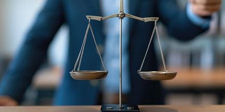 Balance à plateaux en laiton posée sur un bureau
