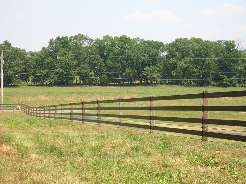 Wooden fence across a sunlit grassy field with trees in the background